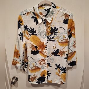 Chico's Tropical Floral Non Iron Linen Button Down Shirt Sz 2 (L) Beach Vacation